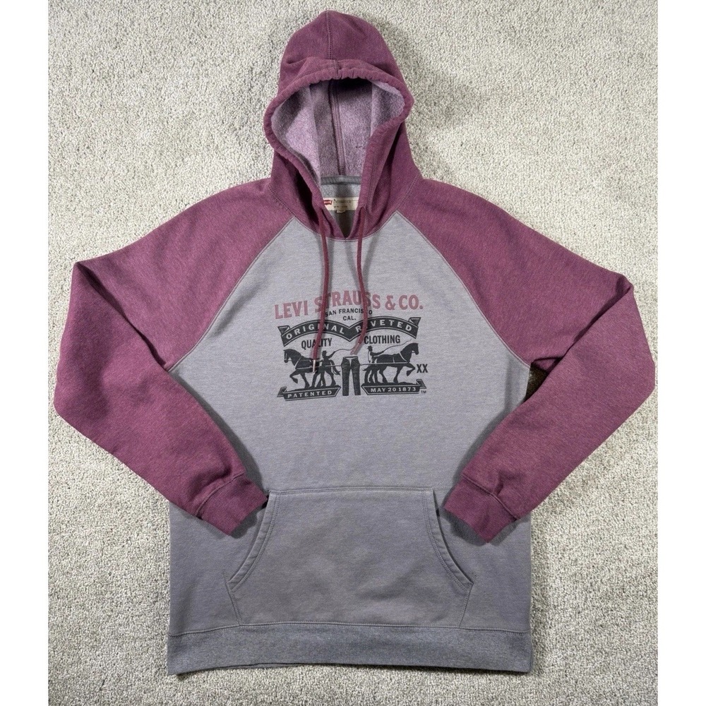 Levi Strauss & Co Men's Hoodie XL Gray Burgundy Raglan Sleeve Two Horse Graphic